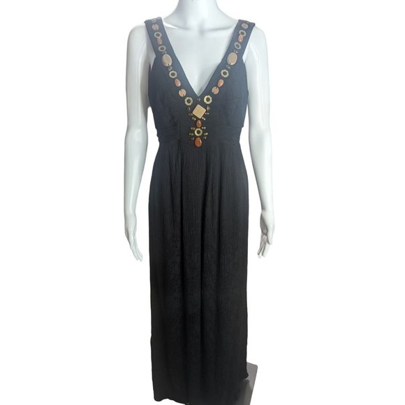 Jax Black Maxi Dress Beaded Boho Embellishments Flowy Tie Waist V Neck sz 10 - Picture 2 of 12